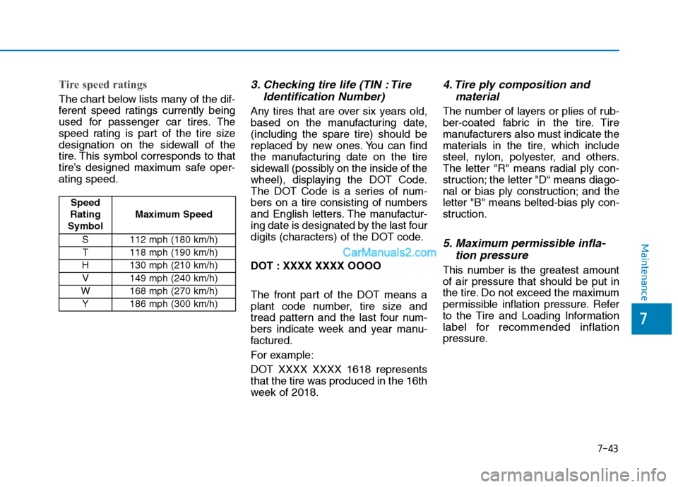 Hyundai Tucson 2019 Owners Manual 7-43
7
Maintenance
Tire speed ratings
The chart below lists many of the dif-
ferent speed ratings currently being
used for passenger car tires. The
speed rating is part of the tire size
designation o Hyundai Tucson 2019 Owners Manual 7-43
7
Maintenance
Tire speed ratings
The chart below lists many of the dif-
ferent speed ratings currently being
used for passenger car tires. The
speed rating is part of the tire size
designation o