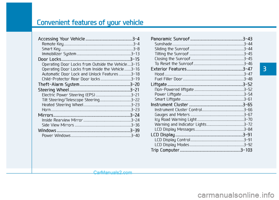 Hyundai Tucson 2019  Owners Manual Convenient features of your vehicle
Accessing Your Vehicle .........................................3-4
Remote Key.........................................................................3-4
Smart Key