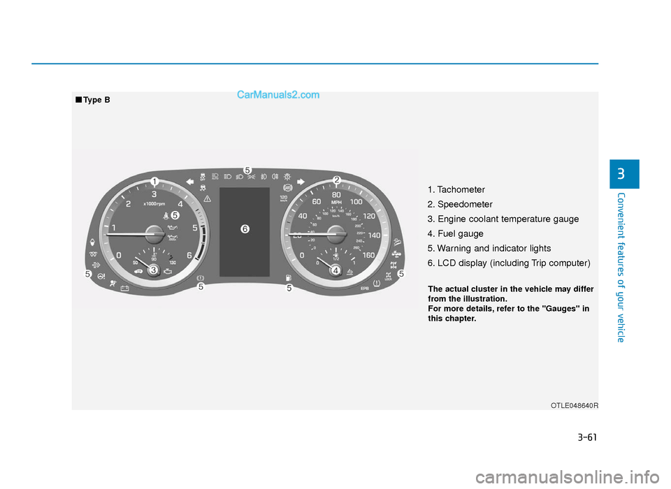Hyundai Tucson 2019  Owners Manual - RHD (UK, Australia) 3-61
Convenient features of your vehicle
3
1. Tachometer 
2. Speedometer
3. Engine coolant temperature gauge
4. Fuel gauge
5. Warning and indicator lights
6. LCD display (including Trip computer)
OTLE