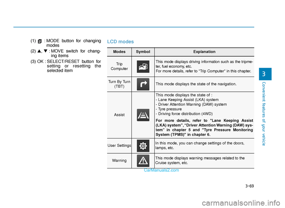 Hyundai Tucson 2019 Owners Manual - RHD (UK, Australia) 3-69
Convenient features of your vehicle
(1) : MODE button for changingmodes
(2) ▲, ▼: MOVE switch for chang-
ing items
(3) OK : SELECT/RESET button for setting or resetting the
selected itemL Hyundai Tucson 2019 Owners Manual - RHD (UK, Australia) 3-69
Convenient features of your vehicle
(1) : MODE button for changingmodes
(2) ▲, ▼: MOVE switch for chang-
ing items
(3) OK : SELECT/RESET button for setting or resetting the
selected itemL