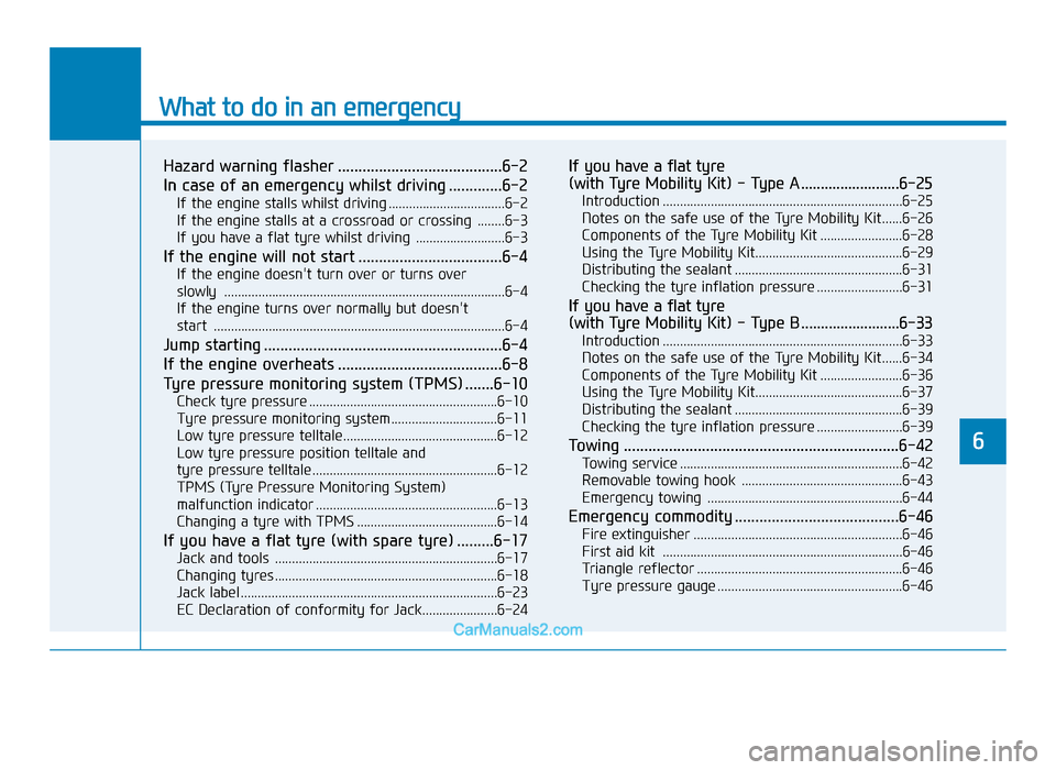 Hyundai Tucson 2019  Owners Manual - RHD (UK, Australia) What to do in an emergency
Hazard warning flasher ........................................6-2
In case of an emergency whilst driving .............6-2
If the engine stalls whilst driving ..............