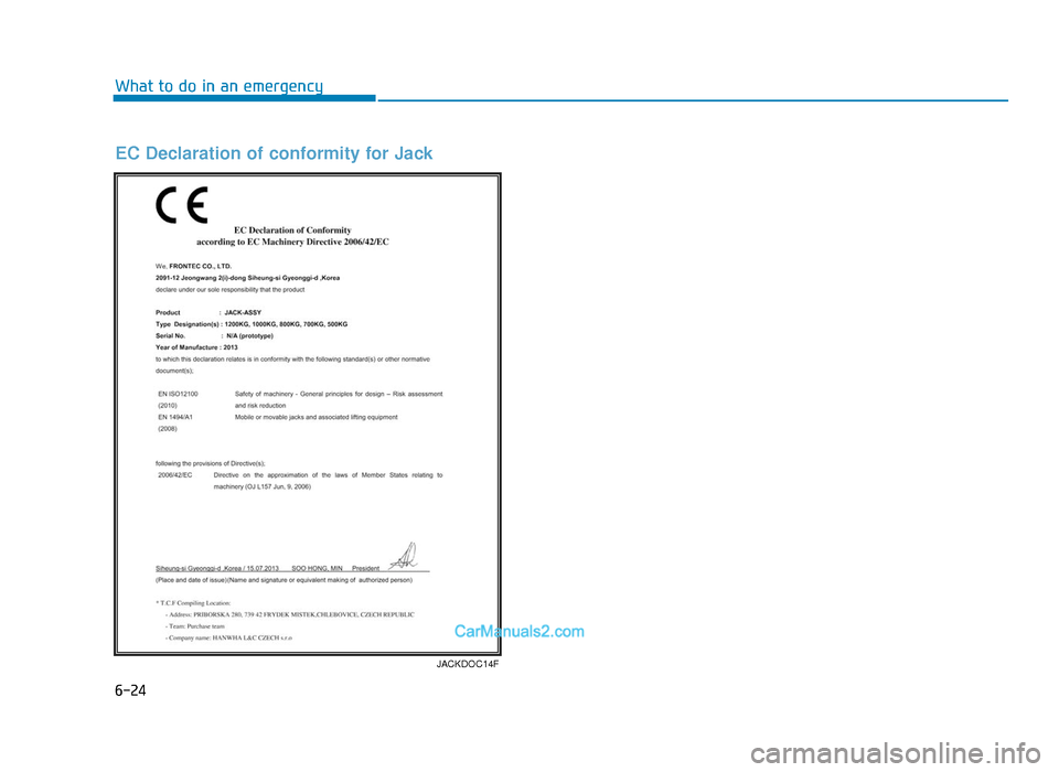 Hyundai Tucson 2019  Owners Manual - RHD (UK, Australia) 6-24
What to do in an emergency
JACKDOC14F
EC Declaration of conformity for Jack
TLe UK 6.qxp  5/10/2018  1:21 PM  Page 24  