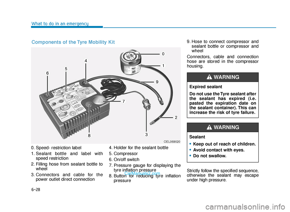 Hyundai Tucson 2019 Owners Manual - RHD (UK, Australia) 6-28
What to do in an emergency
0. Speed- restriction label
1. Sealant bottle and label with speed restriction
2. Filling hose from sealant bottle to wheel
3. Connectors and cable for the power outlet Hyundai Tucson 2019 Owners Manual - RHD (UK, Australia) 6-28
What to do in an emergency
0. Speed- restriction label
1. Sealant bottle and label with speed restriction
2. Filling hose from sealant bottle to wheel
3. Connectors and cable for the power outlet