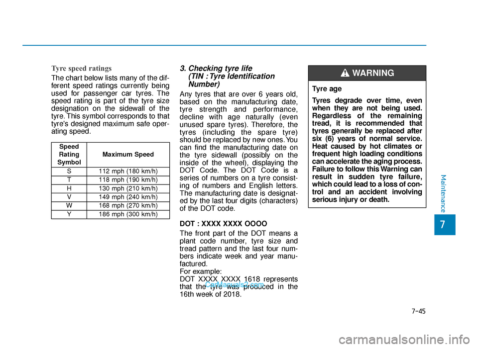 Hyundai Tucson 2019 Owners Manual - RHD (UK, Australia) 7-45
7
Maintenance
Tyre speed ratings
The chart below lists many of the dif-
ferent speed ratings currently being
used for passenger car tyres. The
speed rating is part of the tyre size
designation Hyundai Tucson 2019 Owners Manual - RHD (UK, Australia) 7-45
7
Maintenance
Tyre speed ratings
The chart below lists many of the dif-
ferent speed ratings currently being
used for passenger car tyres. The
speed rating is part of the tyre size
designation