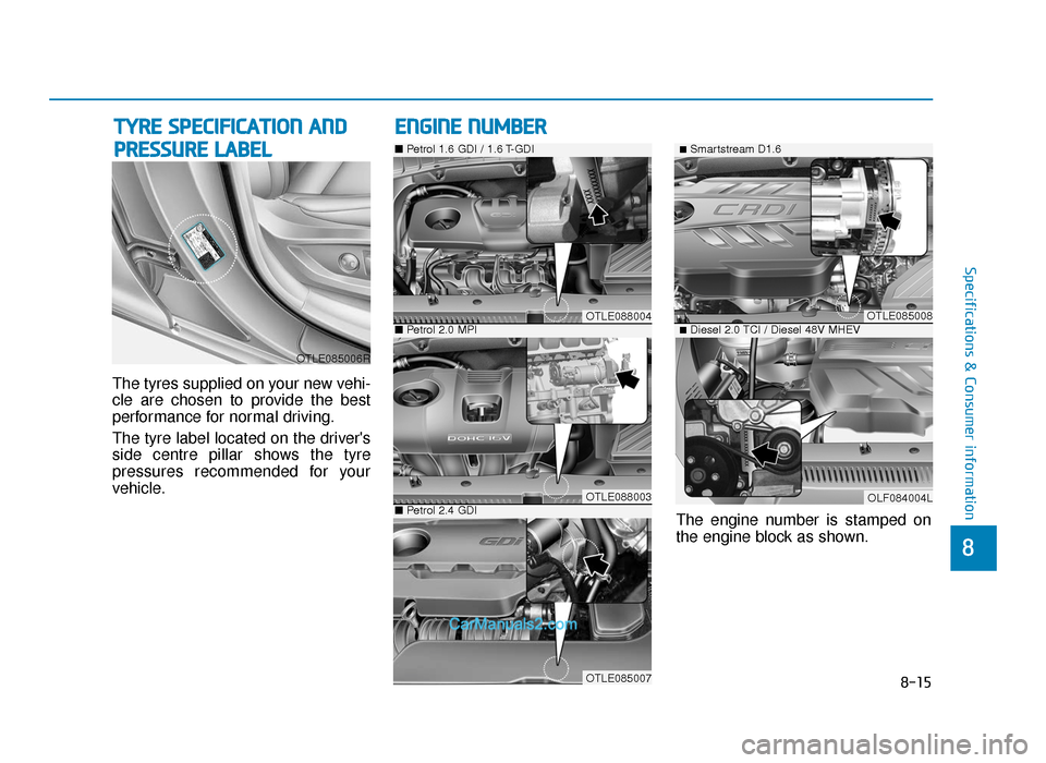 Hyundai Tucson 2019  Owners Manual - RHD (UK, Australia) 8-15
8
Specifications & Consumer information
The tyres supplied on your new vehi-
cle are chosen to provide the best
performance for normal driving.
The tyre label located on the drivers
side centre 