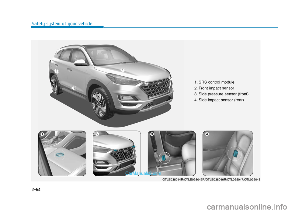 Hyundai Tucson 2019  Owners Manual - RHD (UK, Australia) 2-64
Safety system of your vehicle
1. SRS control module
2. Front impact sensor
3. Side pressure sensor (front) 
4. Side impact sensor (rear)
OTLE038044R/OTLE038045R/OTLE038046R/OTL035047/OTL035048
TL