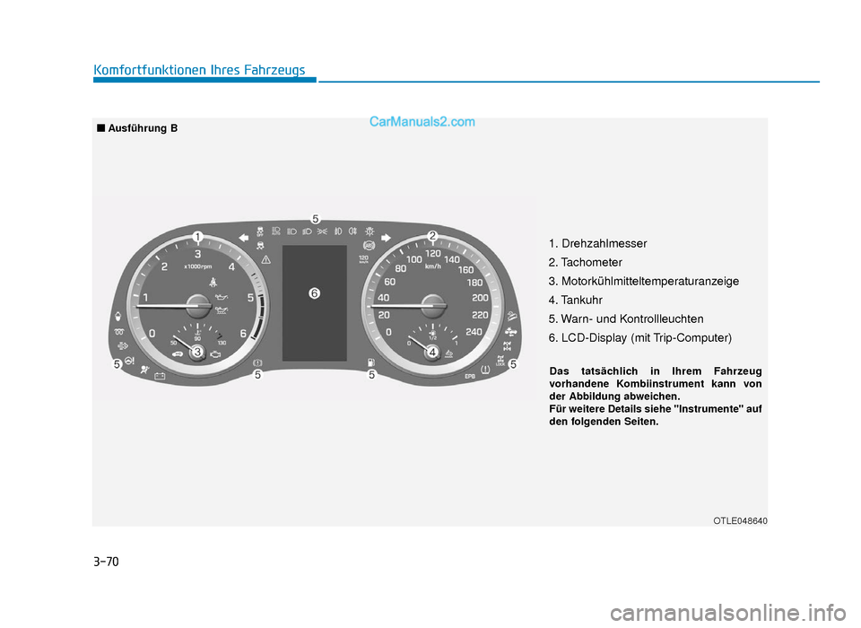 Hyundai Tucson 2019 3-70
Komfortfunktionen Ihres Fahrzeugs
1. Drehzahlmesser 
2. Tachometer
3. Motorkühlmitteltemperaturanzeige
4. Tankuhr
5. Warn- und Kontrollleuchten
6. LCD-Display (mit Trip-Computer)
OTLE048640
■A