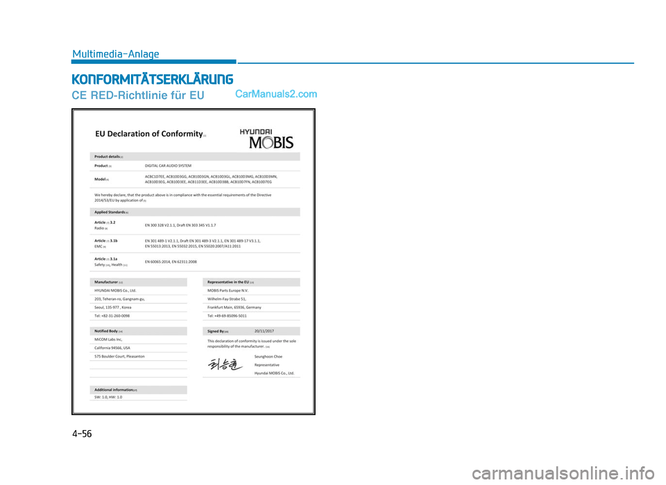 Hyundai Tucson 2019 4-56
Multimedia-Anlage
KONFORMITÄTSERKLÄRUNG
CE RED-Richtlinie für EU 
TLe GER 4.qxp  09.05.2018  13:16  Page 56  