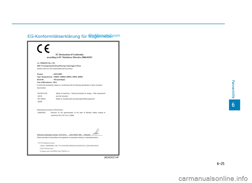 Hyundai Tucson 2019 6-25
Pannenhilfe
6
JACKDOC14F
EG-Konformitätserklärung  für Wagenheber
TLe GER 6.qxp  08.05.2018  10:51  Page 25  
