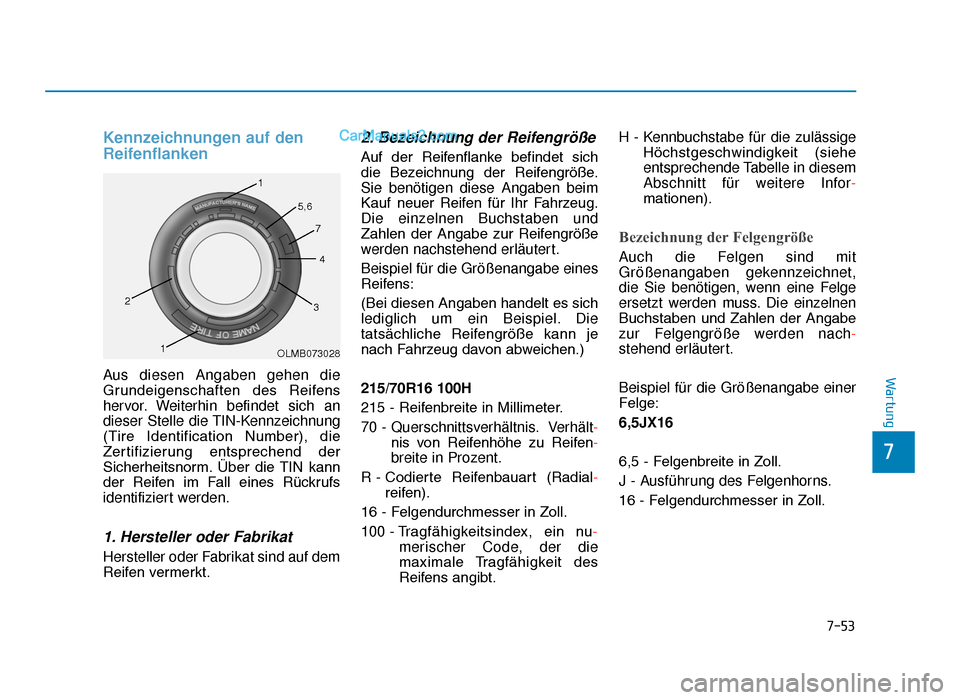 Hyundai Tucson 2019  Betriebsanleitung (in German) 7-53
7
Wartung
Kennzeichnungen auf den
Reifenflanken
Aus diesen Angaben gehen die
Grundeigenschaften  des  Reifens
hervor. Weiterhin befindet sich an
dieser Stelle die TIN-Kennzeichnung
(Tire  Identif