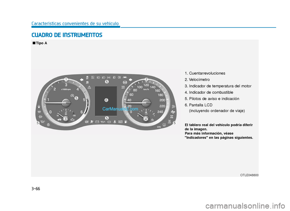 Hyundai Tucson 2019  Manual del propietario (in Spanish) 3-66
Características convenientes de su vehículo
CUADRO DE INSTRUMENTOS
1. Cuentarrevoluciones 
2. Velocímetro
3. Indicador de temperatura del motor
4. Indicador de combustible
5. Pilotos de aviso 