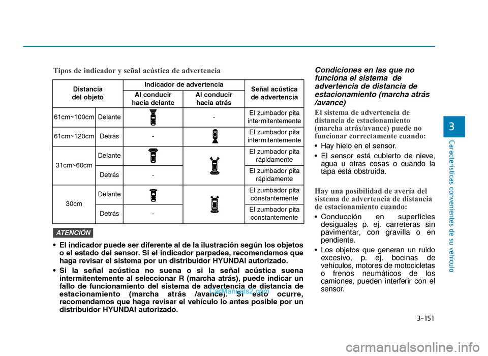Hyundai Tucson 2019  Manual del propietario (in Spanish) 3-151
Características convenientes de su vehículo
3
Condiciones en las que nofunciona el sistema  deadvertencia de distancia deestacionamiento (marcha atrás/avance)
El sistema de advertencia de
dis