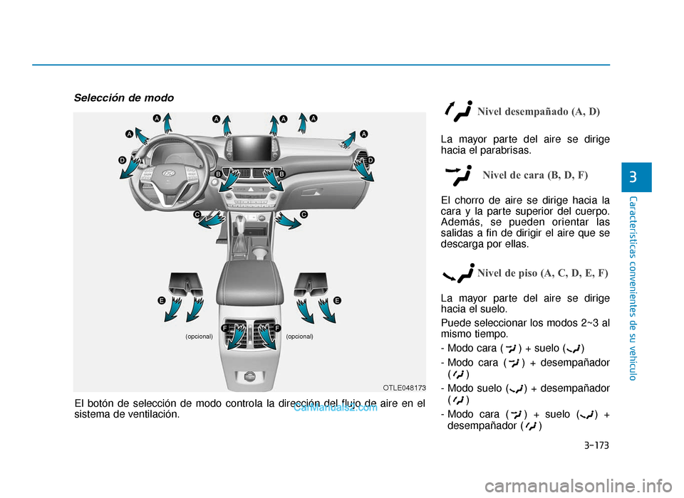 Hyundai Tucson 2019  Manual del propietario (in Spanish) 3-173
Características convenientes de su vehículo
3
Selección de modo
Nivel desempañado (A, D)
La mayor parte del aire se dirige
hacia el parabrisas.
Nivel de cara (B, D, F)
El chorro de aire se d