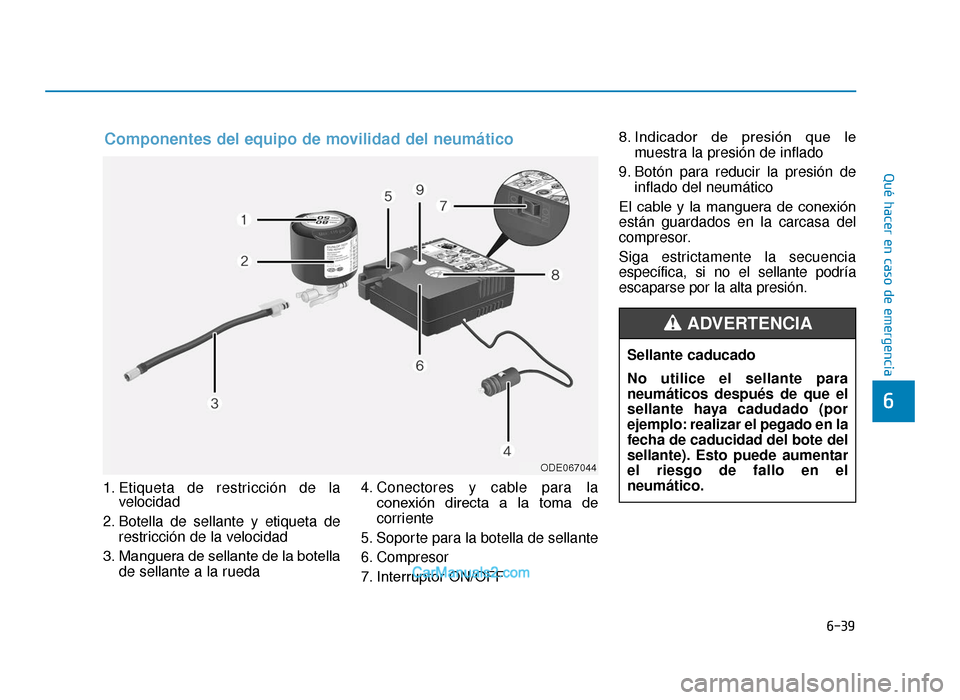 Hyundai Tucson 2019 Manual del propietario (in Spanish) 6-39
Qué hacer en caso de emergencia
1. Etiqueta de restricción de lavelocidad
2. Botella de sellante y etiqueta de restricción de la velocidad
3. Manguera de sellante de la botella de sellante a l Hyundai Tucson 2019 Manual del propietario (in Spanish) 6-39
Qué hacer en caso de emergencia
1. Etiqueta de restricción de lavelocidad
2. Botella de sellante y etiqueta de restricción de la velocidad
3. Manguera de sellante de la botella de sellante a l