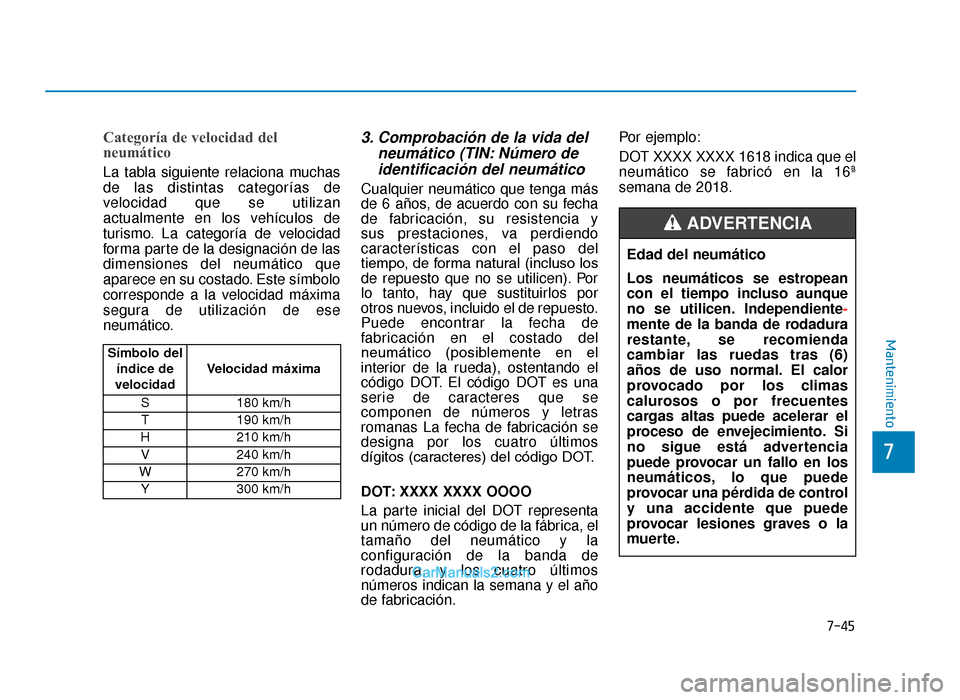 Hyundai Tucson 2019 Manual del propietario (in Spanish) 7-45
7
Mantenimiento
Categoría de velocidad del
neumático
La tabla siguiente relaciona muchas
de las distintas categorías de
velocidad que se utilizan
actualmente en los vehículos de
turismo. La Hyundai Tucson 2019 Manual del propietario (in Spanish) 7-45
7
Mantenimiento
Categoría de velocidad del
neumático
La tabla siguiente relaciona muchas
de las distintas categorías de
velocidad que se utilizan
actualmente en los vehículos de
turismo. La