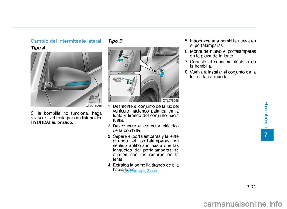 Hyundai Tucson 2019  Manual del propietario (in Spanish) 7-73
7
Mantenimiento
Cambio del intermitente lateral 
Tipo A
Si la bombilla no funciona, haga
revisar el vehículo por un distribuidor
HYUNDAI autorizado.
Tipo B
1. Desmonte el conjunto de la luz delv