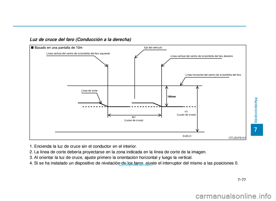 Hyundai Tucson 2019  Manual del propietario (in Spanish) 7-77
7
Mantenimiento
Luz de cruce del faro (Conducción a la derecha)
1. Encienda la luz de cruce sin el conductor en el interior.
2. La línea de corte debería proyectarse en la zona indicada en la 