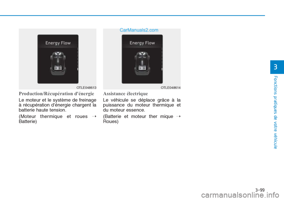 Hyundai Tucson 2019  Manuel du propriétaire (in French) 3-99
Fonctions pratiques de votre véhicule 
Production/Récupération dénergie
Le moteur et le système de freinage
à récupération dénergie chargent la
batterie haute tension.
(Moteur thermiqu