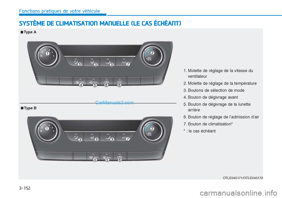 Hyundai Tucson 2019  Manuel du propriétaire (in French) 3-152
Fonctions pratiques de votre véhicule
SYSTÈME DE CLIMATISATION MANUELLE (LE CAS ÉCHÉANT)
OTLE045171/OTLE045172
1. Molette de réglage de la vitesse du
ventilateur
2. Molette de réglage de l