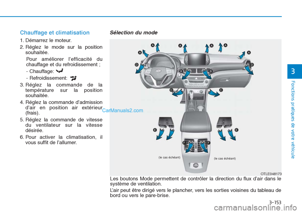 Hyundai Tucson 2019  Manuel du propriétaire (in French) 3-153
Fonctions pratiques de votre véhicule
3
Chauffage et climatisation
1. Démarrez le moteur.
2. Réglez le mode sur la position
souhaitée.
Pour améliorer l’efficacité du
chauffage et du refr