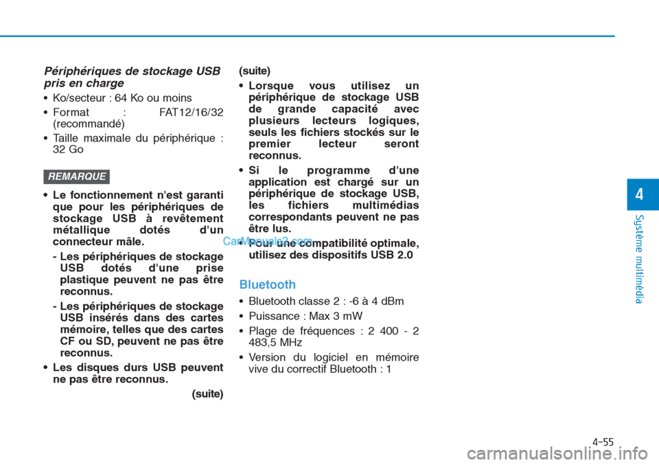 Hyundai Tucson 2019 Manuel du propriétaire (in French) 4-55
Système multimédia
4
Périphériques de stockage USB
pris en charge
• Ko/secteur : 64 Ko ou moins
• Format : FAT12/16/32
(recommandé)
• Taille maximale du périphérique :
32 Go
• Le Hyundai Tucson 2019 Manuel du propriétaire (in French) 4-55
Système multimédia
4
Périphériques de stockage USB
pris en charge
• Ko/secteur : 64 Ko ou moins
• Format : FAT12/16/32
(recommandé)
• Taille maximale du périphérique :
32 Go
• Le