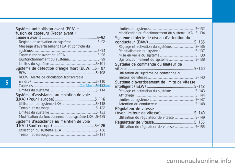 Hyundai Tucson 2019 Manuel du propriétaire (in French) 5
Système anticollision avant (FCA) -
fusion de capteurs (Radar avant +
Caméra avant) ......................................................5-92
Réglage et activation du système ................ Hyundai Tucson 2019 Manuel du propriétaire (in French) 5
Système anticollision avant (FCA) -
fusion de capteurs (Radar avant +
Caméra avant) ......................................................5-92
Réglage et activation du système ................