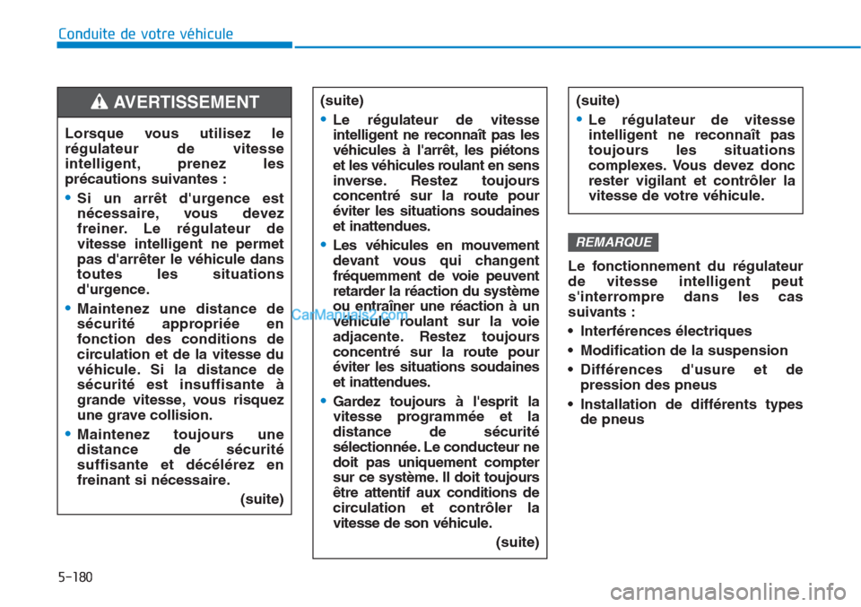 Hyundai Tucson 2019 Manuel du propriétaire (in French) 5-180
Conduite de votre véhicule
Le fonctionnement du régulateur
de vitesse intelligent peut
sinterrompre dans les cas
suivants :
• Interférences électriques
• Modification de la suspension
Hyundai Tucson 2019 Manuel du propriétaire (in French) 5-180
Conduite de votre véhicule
Le fonctionnement du régulateur
de vitesse intelligent peut
sinterrompre dans les cas
suivants :
• Interférences électriques
• Modification de la suspension