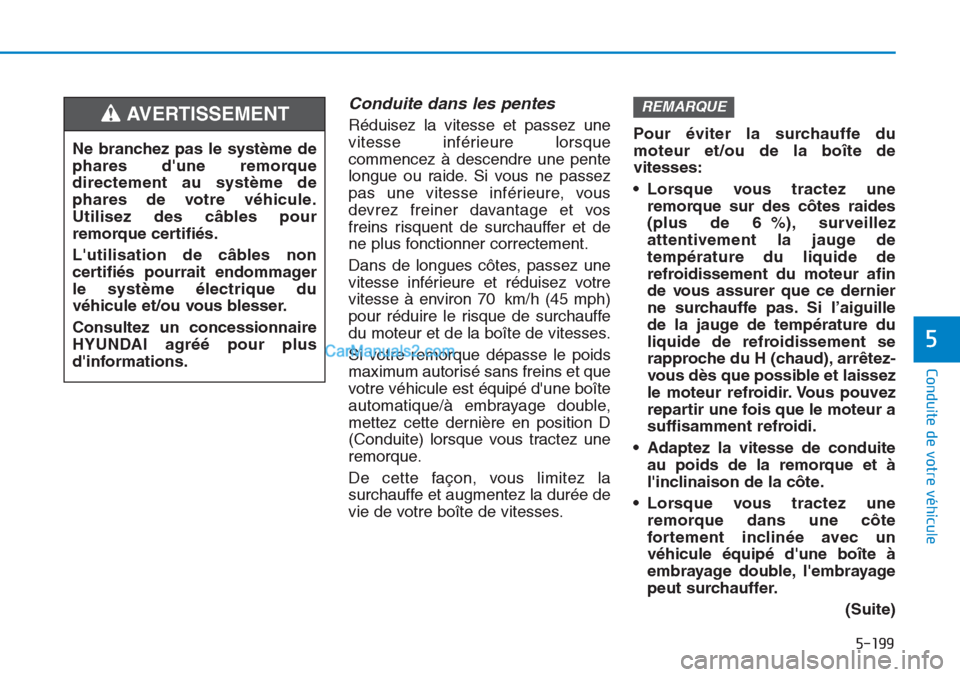 Hyundai Tucson 2019 Manuel du propriétaire (in French) 5-199
Conduite de votre véhicule
5
Conduite dans les pentes
Réduisez la vitesse et passez une
vitesse inférieure lorsque
commencez à descendre une pente
longue ou raide. Si vous ne passez
pas une Hyundai Tucson 2019 Manuel du propriétaire (in French) 5-199
Conduite de votre véhicule
5
Conduite dans les pentes
Réduisez la vitesse et passez une
vitesse inférieure lorsque
commencez à descendre une pente
longue ou raide. Si vous ne passez
pas une