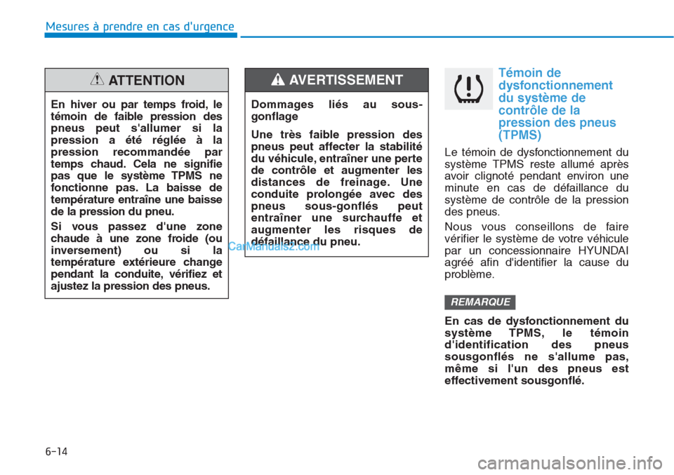 Hyundai Tucson 2019 Manuel du propriétaire (in French) 6-14
Mesures à prendre en cas durgence
Témoin de
dysfonctionnement
du système de
contrôle de la
pression des pneus
(TPMS)
Le témoin de dysfonctionnement du
système TPMS reste allumé après
av Hyundai Tucson 2019 Manuel du propriétaire (in French) 6-14
Mesures à prendre en cas durgence
Témoin de
dysfonctionnement
du système de
contrôle de la
pression des pneus
(TPMS)
Le témoin de dysfonctionnement du
système TPMS reste allumé après
av