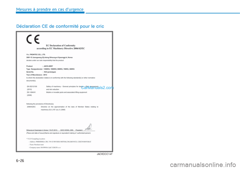 Hyundai Tucson 2019  Manuel du propriétaire (in French) 6-26
Mesures à prendre en cas durgence 
JACKDOC14F
Déclaration CE de conformité pour le cric  