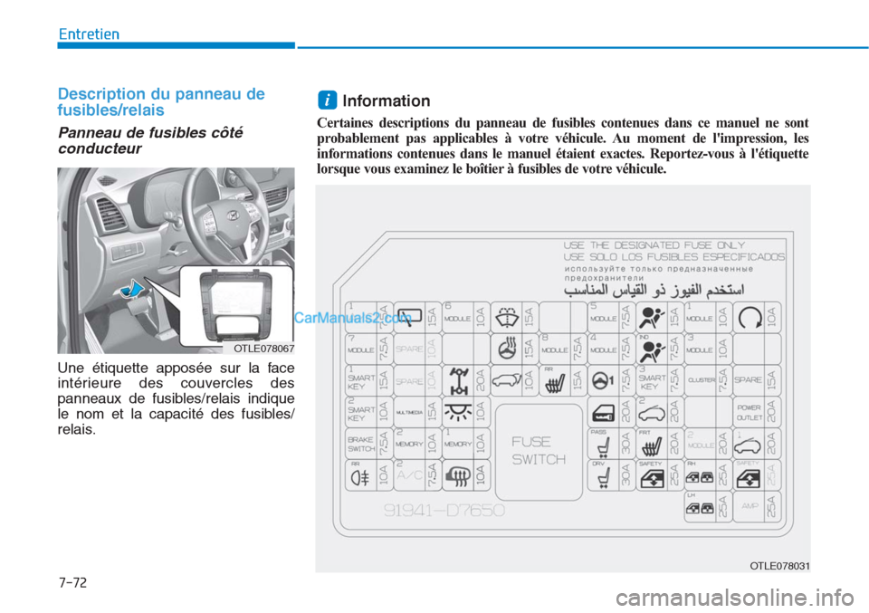 Hyundai Tucson 2019  Manuel du propriétaire (in French) 7-72
Entretien
Description du panneau de
fusibles/relais 
Panneau de fusibles côté
conducteur 
Une étiquette apposée sur la face
intérieure des couvercles des
panneaux de fusibles/relais indique
