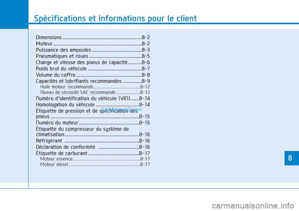 Hyundai Tucson 2019 Manuel du propriétaire (in French) 8
Spécifications et informations pour le client
8
Spécifications et informations pour le client
8
Dimensions ..............................................................8-2
Moteur ................ Hyundai Tucson 2019 Manuel du propriétaire (in French) 8
Spécifications et informations pour le client
8
Spécifications et informations pour le client
8
Dimensions ..............................................................8-2
Moteur ................