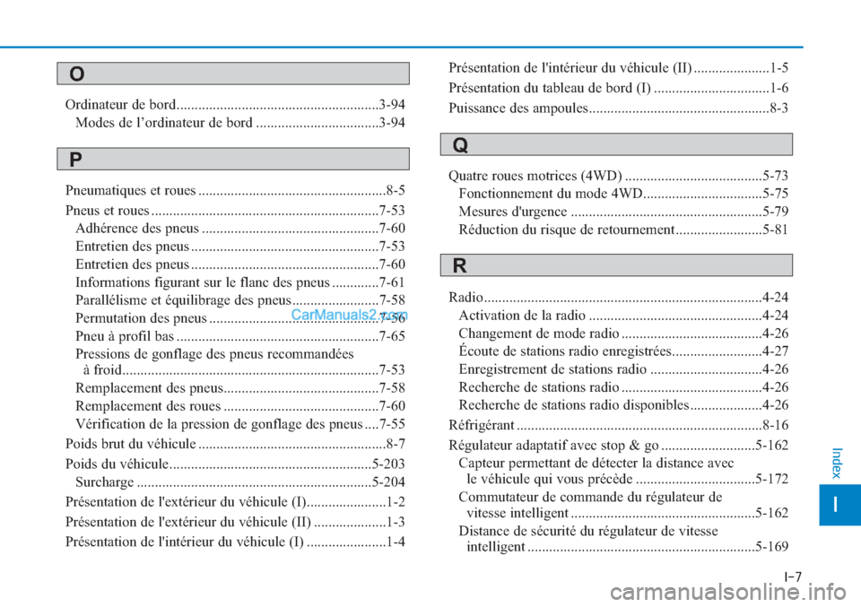 Hyundai Tucson 2019 Manuel du propriétaire (in French) I-7
I
Index
Ordinateur de bord........................................................3-94
Modes de l’ordinateur de bord ..................................3-94
Pneumatiques et roues ................ Hyundai Tucson 2019 Manuel du propriétaire (in French) I-7
I
Index
Ordinateur de bord........................................................3-94
Modes de l’ordinateur de bord ..................................3-94
Pneumatiques et roues ................