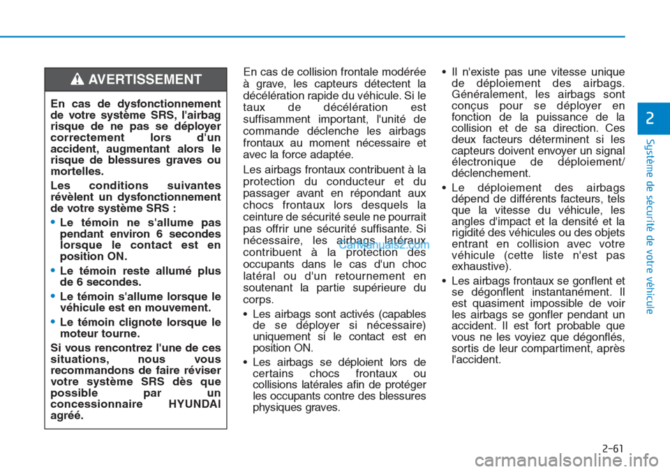Hyundai Tucson 2019 Manuel du propriétaire (in French) 2-61
Système de sécurité de votre véhicule
2
En cas de collision frontale modérée
à grave, les capteurs détectent la
décélération rapide du véhicule. Si le
taux de décélération est
suf Hyundai Tucson 2019 Manuel du propriétaire (in French) 2-61
Système de sécurité de votre véhicule
2
En cas de collision frontale modérée
à grave, les capteurs détectent la
décélération rapide du véhicule. Si le
taux de décélération est
suf