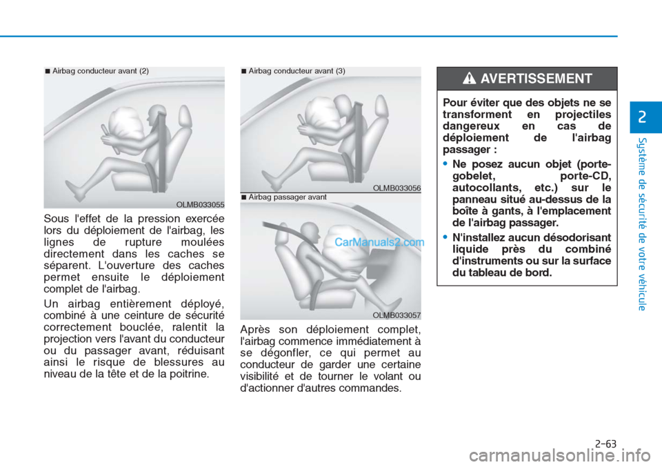 Hyundai Tucson 2019 Manuel du propriétaire (in French) 2-63
Système de sécurité de votre véhicule
2
Sous leffet de la pression exercée
lors du déploiement de lairbag, les
lignes de rupture moulées
directement dans les caches se
séparent. Louve Hyundai Tucson 2019 Manuel du propriétaire (in French) 2-63
Système de sécurité de votre véhicule
2
Sous leffet de la pression exercée
lors du déploiement de lairbag, les
lignes de rupture moulées
directement dans les caches se
séparent. Louve