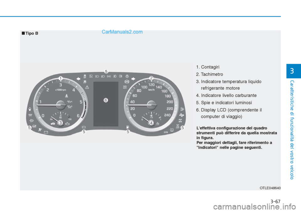 Hyundai Tucson 2019  Manuale del proprietario (in Italian) 3-67
Caratteristiche di funzionalità del vostro veicolo
31. Contagiri 
2. Tachimetro
3. Indicatore temperatura liquido
refrigerante motore
4. Indicatore livello carburante
5. Spie e indicatori lumino