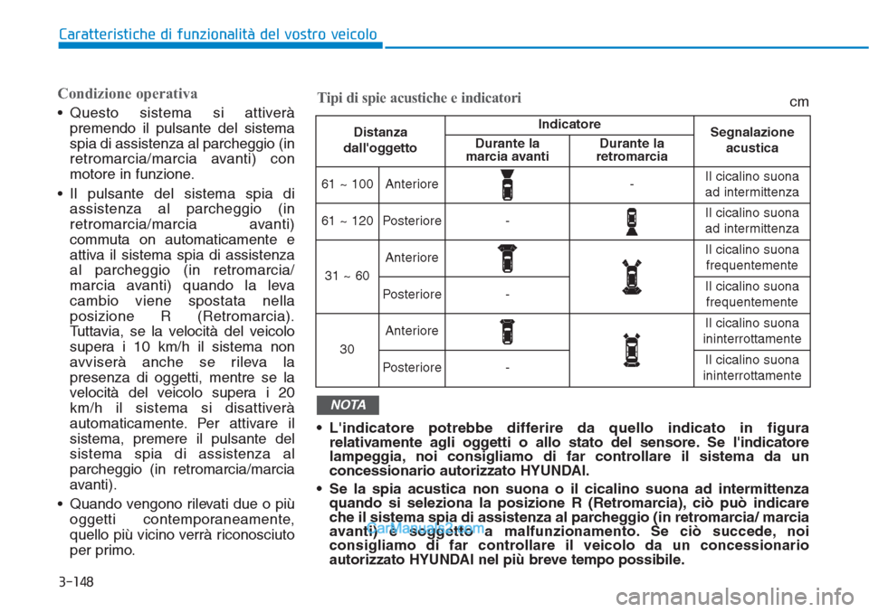 Hyundai Tucson 2019 Manuale del proprietario (in Italian) 3-148
Caratteristiche di funzionalità del vostro veicolo
Condizione operativa
• Questo sistema si attiverà
premendo il pulsante del sistema
spia di assistenza al parcheggio (in
retromarcia/marcia Hyundai Tucson 2019 Manuale del proprietario (in Italian) 3-148
Caratteristiche di funzionalità del vostro veicolo
Condizione operativa
• Questo sistema si attiverà
premendo il pulsante del sistema
spia di assistenza al parcheggio (in
retromarcia/marcia