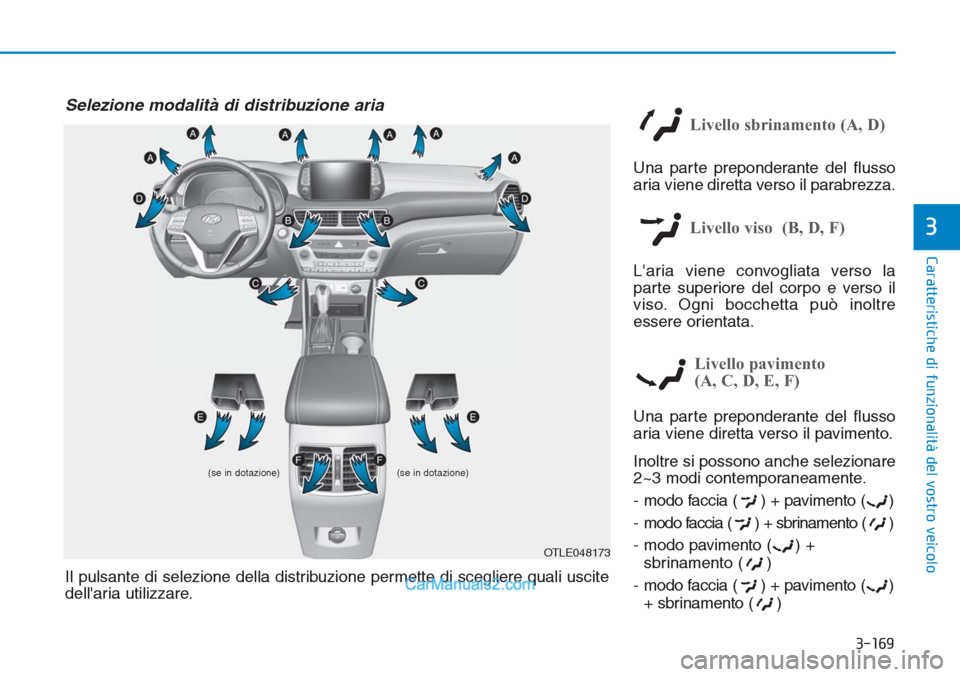 Hyundai Tucson 2019  Manuale del proprietario (in Italian) 3-169
Caratteristiche di funzionalità del vostro veicolo
3
Livello sbrinamento (A, D)
Una parte preponderante del flusso
aria viene diretta verso il parabrezza.
Livello viso  (B, D, F)
Laria viene c