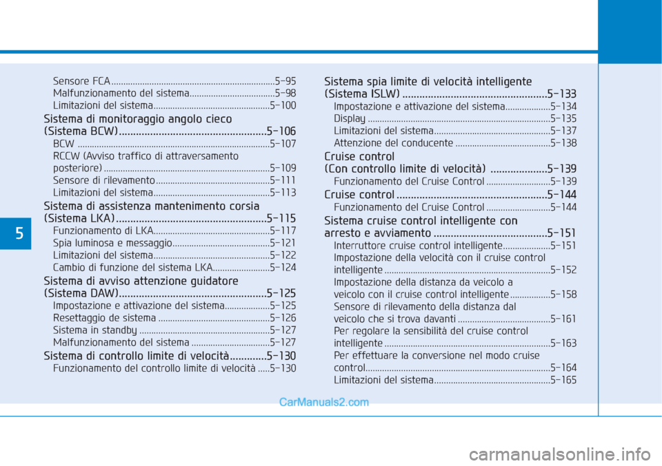 Hyundai Tucson 2019 Manuale del proprietario (in Italian) 5
Sensore FCA .....................................................................5-95
Malfunzionamento del sistema....................................5-98
Limitazioni del sistema.................... Hyundai Tucson 2019 Manuale del proprietario (in Italian) 5
Sensore FCA .....................................................................5-95
Malfunzionamento del sistema....................................5-98
Limitazioni del sistema....................