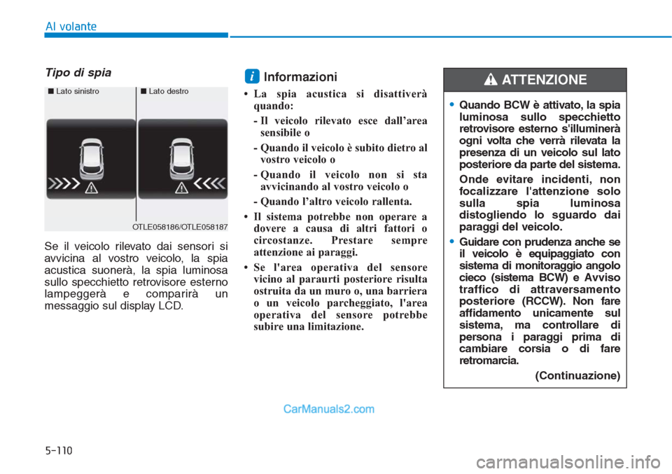 Hyundai Tucson 2019 Manuale del proprietario (in Italian) 5-110
Al volante
Tipo di spia
Se il veicolo rilevato dai sensori si
avvicina al vostro veicolo, la spia
acustica suonerà, la spia luminosa
sullo specchietto retrovisore esterno
lampeggerà e comparir Hyundai Tucson 2019 Manuale del proprietario (in Italian) 5-110
Al volante
Tipo di spia
Se il veicolo rilevato dai sensori si
avvicina al vostro veicolo, la spia
acustica suonerà, la spia luminosa
sullo specchietto retrovisore esterno
lampeggerà e comparir