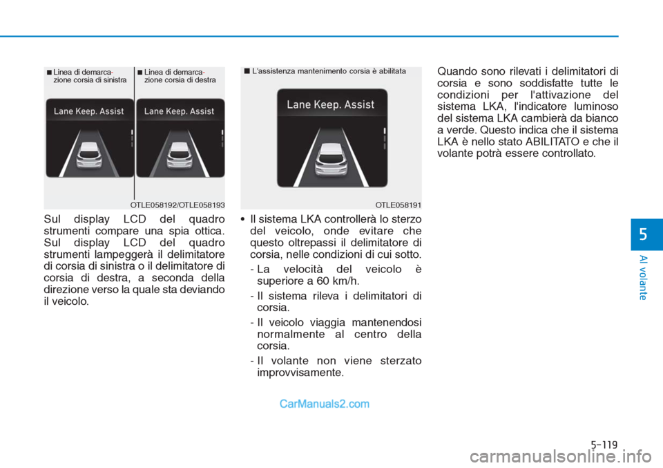 Hyundai Tucson 2019 Manuale del proprietario (in Italian) 5-119
Al volante
5
Sul display LCD del quadro
strumenti compare una spia ottica.
Sul display LCD del quadro
strumenti lampeggerà il delimitatore
di corsia di sinistra o il delimitatore di
corsia di d Hyundai Tucson 2019 Manuale del proprietario (in Italian) 5-119
Al volante
5
Sul display LCD del quadro
strumenti compare una spia ottica.
Sul display LCD del quadro
strumenti lampeggerà il delimitatore
di corsia di sinistra o il delimitatore di
corsia di d