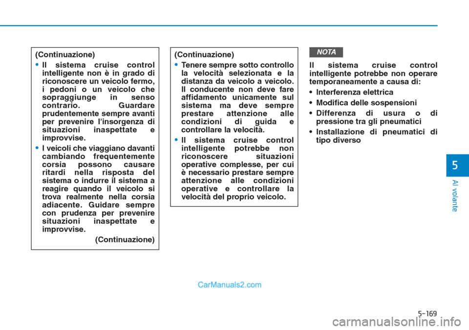 Hyundai Tucson 2019 Manuale del proprietario (in Italian) 5-169
Al volante
5
Il sistema cruise control
intelligente potrebbe non operare
temporaneamente a causa di:
• Interferenza elettrica
• Modifica delle sospensioni
• Differenza di usura o di
pressi Hyundai Tucson 2019 Manuale del proprietario (in Italian) 5-169
Al volante
5
Il sistema cruise control
intelligente potrebbe non operare
temporaneamente a causa di:
• Interferenza elettrica
• Modifica delle sospensioni
• Differenza di usura o di
pressi