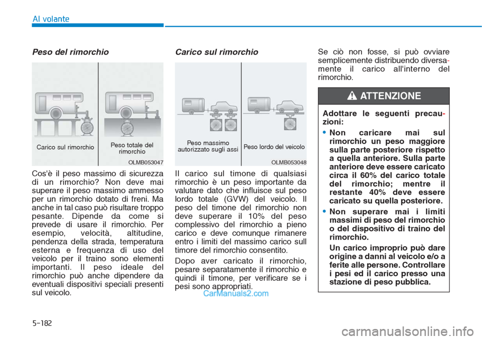 Hyundai Tucson 2019 Manuale del proprietario (in Italian) 5-182
Al volante
Peso del rimorchio
Cosè il peso massimo di sicurezza
di un rimorchio? Non deve mai
superare il peso massimo ammesso
per un rimorchio dotato di freni. Ma
anche in tal caso può risu Hyundai Tucson 2019 Manuale del proprietario (in Italian) 5-182
Al volante
Peso del rimorchio
Cosè il peso massimo di sicurezza
di un rimorchio? Non deve mai
superare il peso massimo ammesso
per un rimorchio dotato di freni. Ma
anche in tal caso può risu