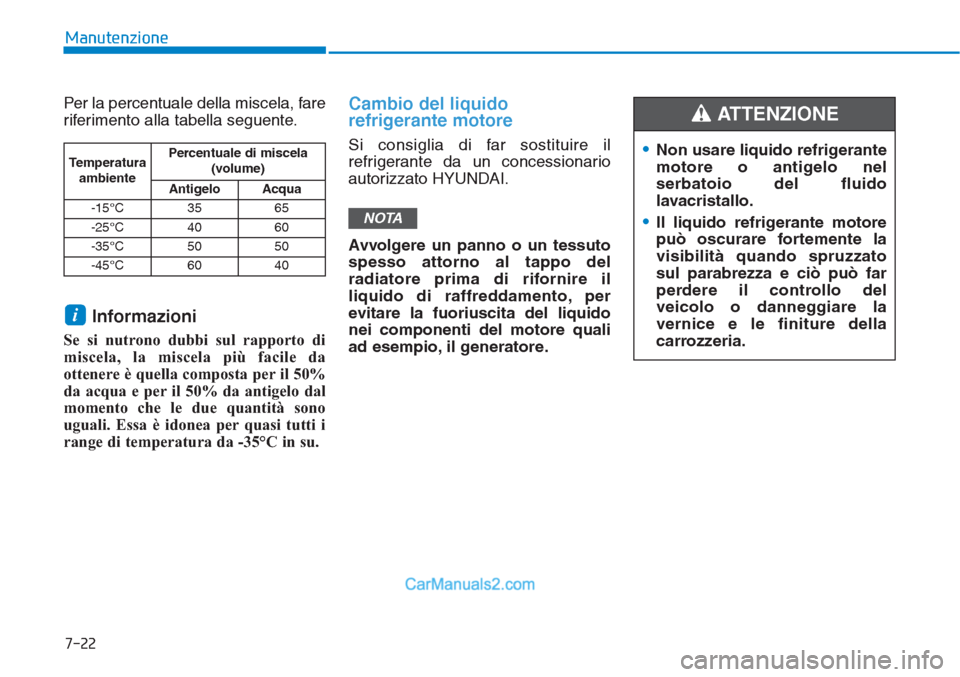 Hyundai Tucson 2019 Manuale del proprietario (in Italian) 7-22
Manutenzione
Per la percentuale della miscela, fare
riferimento alla tabella seguente.
Informazioni
Se si nutrono dubbi sul rapporto di
miscela, la miscela più facile da
ottenere è quella compo Hyundai Tucson 2019 Manuale del proprietario (in Italian) 7-22
Manutenzione
Per la percentuale della miscela, fare
riferimento alla tabella seguente.
Informazioni
Se si nutrono dubbi sul rapporto di
miscela, la miscela più facile da
ottenere è quella compo