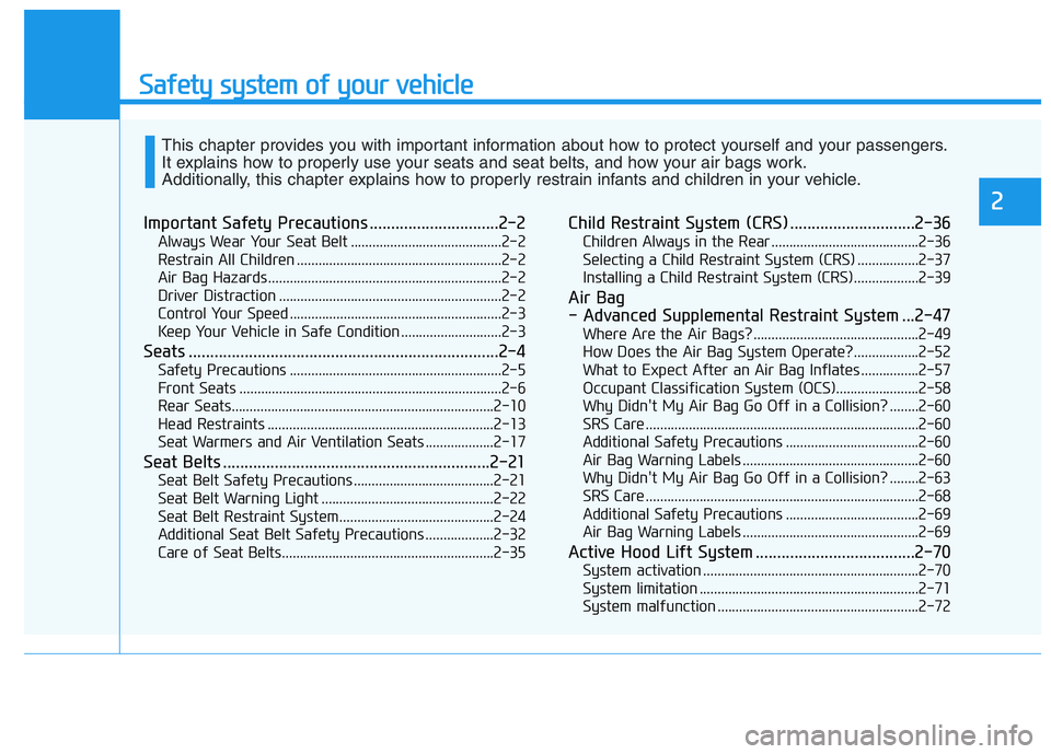 HYUNDAI NEXO 2020 Owners Manual Safety system of your vehicle
Important Safety Precautions ..............................2-2
Always Wear Your Seat Belt ..........................................2-2
Restrain All Children ............ HYUNDAI NEXO 2020 Owners Manual Safety system of your vehicle
Important Safety Precautions ..............................2-2
Always Wear Your Seat Belt ..........................................2-2
Restrain All Children ............