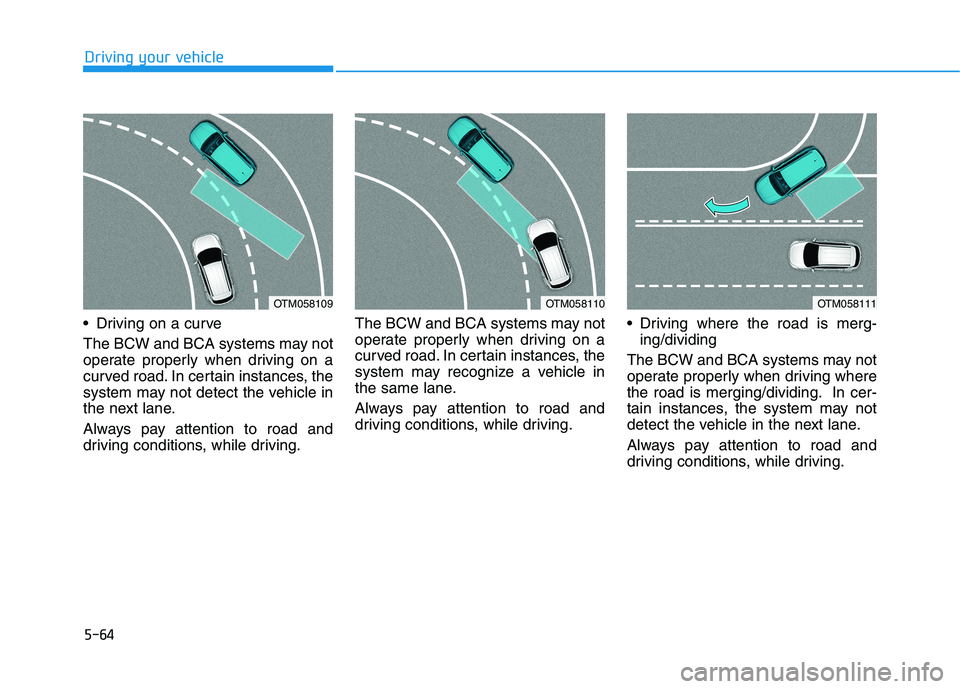 HYUNDAI NEXO 2020  Owners Manual 5-64
Driving your vehicle
 Driving on a curve
The BCW and BCA systems may not
operate properly when driving on a
curved road. In certain instances, the
system may not detect the vehicle in
the next la