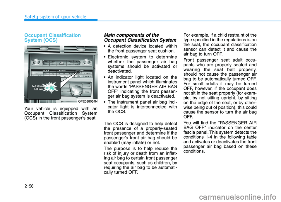 HYUNDAI NEXO 2020 Owners Manual 2-58
Safety system of your vehicle
Occupant Classification
System (OCS)
Your vehicle is equipped with an
Occupant Classification System
(OCS) in the front passengers seat.
Main components of the
Occu HYUNDAI NEXO 2020 Owners Manual 2-58
Safety system of your vehicle
Occupant Classification
System (OCS)
Your vehicle is equipped with an
Occupant Classification System
(OCS) in the front passengers seat.
Main components of the
Occu