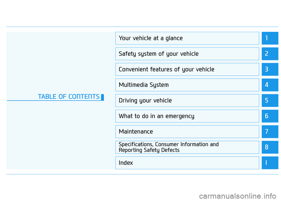 HYUNDAI VELOSTER 2019  Owners Manual 1
2
3
4
5
6
7
8
I
Your vehicle at a glance
Safety system of your vehicle
Convenient features of your vehicle
Multimedia System
Driving your vehicle
What to do in an emergency
Maintenance
Specification