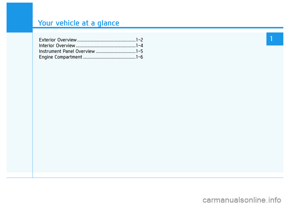 HYUNDAI VELOSTER 2019  Owners Manual Your vehicle at a glance
1
Your vehicle at a glance
Exterior Overview ..................................................1-2
Interior Overview ...................................................1-4
Ins
