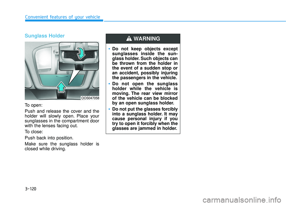 HYUNDAI VELOSTER 2019  Owners Manual 3-120
Convenient features of your vehicle
Sunglass Holder
To open:
Push and release the cover and the
holder will slowly open. Place your
sunglasses in the compartment door
with the lenses facing out.